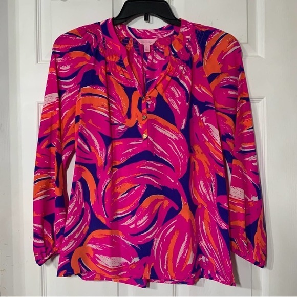 Lilly Pulitzer Elsa Silk Top in Bomber Blue Plume Bloom- Pink Orange Blue- Small - Picture 3 of 6